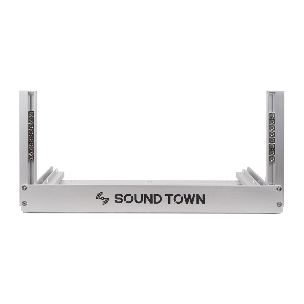 Sound Town 2PF-4A-R | REFURBISHED: 4U Aluminum 2-Post Desktop Open-Frame Rack for PA, Audio/Video, Network Switches, Routers, Patch Panels, Angle Adjustable - Front