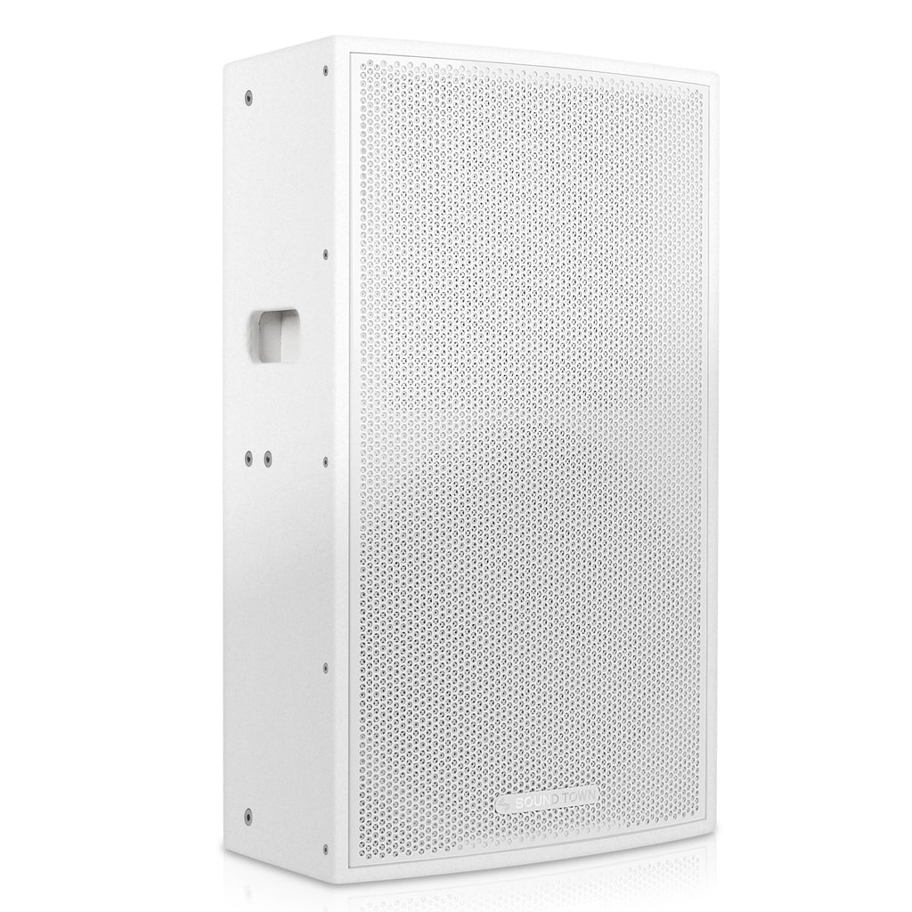 Sound Town CARME-115WPW18SWPW | CARME Series 15" 2-Way Powered PA DJ Speaker, White w/ Onboard DSP, Birch Plywood for Installation, Live Sound, Karaoke, Bar, Church - Right Panel