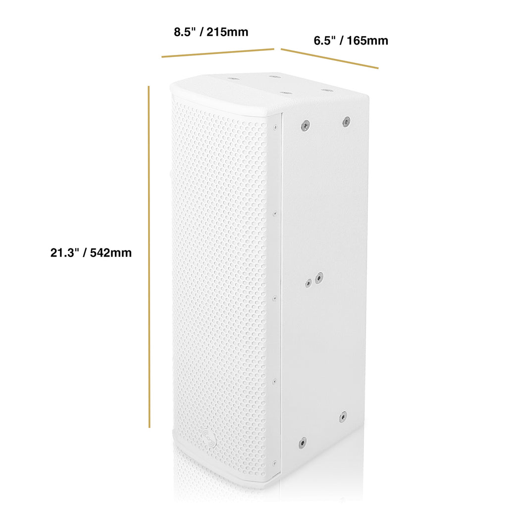 Sound Town CARPO-K3WPW | Powered Wall-Mount Column Line Array Speaker w/ 2x5" Woofers, Dual Compression Drivers, Class-D amp, TWS, Birch Plywood, White - Size and Dimensions