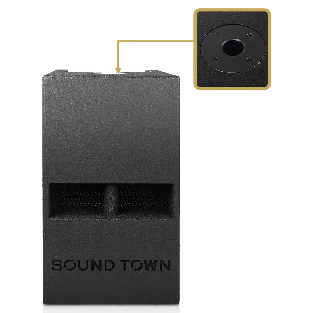 Sound Town CARPO-M12V5 | CARPO Series 12" 1400W PA/DJ Powered Subwoofer, 2.1 Channel w/ 2 Speaker Outputs, Built-in Mixer, Plywood, Black - 35mm Mounting Socket