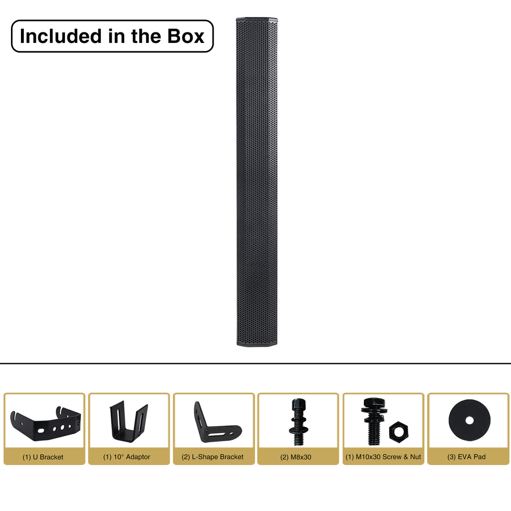 Sound Town CARPO-V10B | Passive Wall-Mount Column Mini Line Array Speaker with 8 x 5” Woofers, Black for Live Event, Church, Conference, Lounge, Refurbished - Package Contents, Included in the Box, M8x30, M10x30, M10 Nut, EVA Pad, U-Shape Wall-Bracket, 10 degree Adapter, L-Shape Bracket