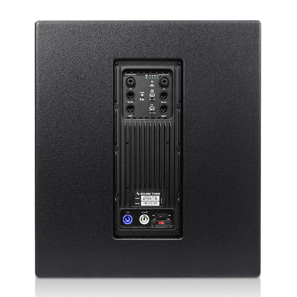 Sound Town OBERON-18SPW | OBERON Series 18" 1600W Powered PA/DJ Subwoofer w/ Class-D Amp, LPF & DSP Output Modes, 4" Voice Coil, 100 Oz Magnet, Birch Plywood, Black - Back Panel