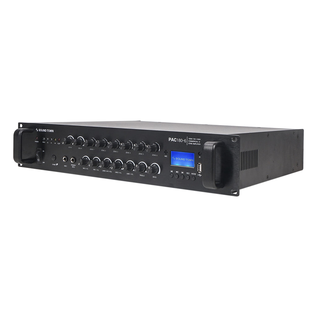 Sound Town P18X12C6N2S28 180W 6-Zone 70V/100V Commercial Power Amplifier with Bluetooth, Aluminum, for Restaurants, Lounges, Bars, Pubs, Schools and Warehouses - Left Panel, for Audio Installation