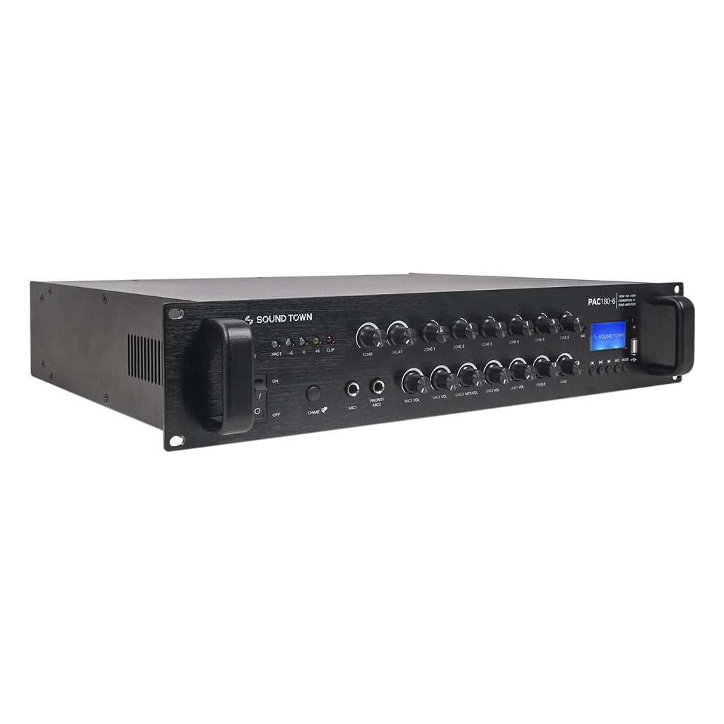 Sound Town P18X12C6N2S28 180W 6-Zone 70V/100V Commercial Power Amplifier with Bluetooth, Aluminum, for Restaurants, Lounges, Bars, Pubs, Schools and Warehouses - Right Panel, for Sound System Installation