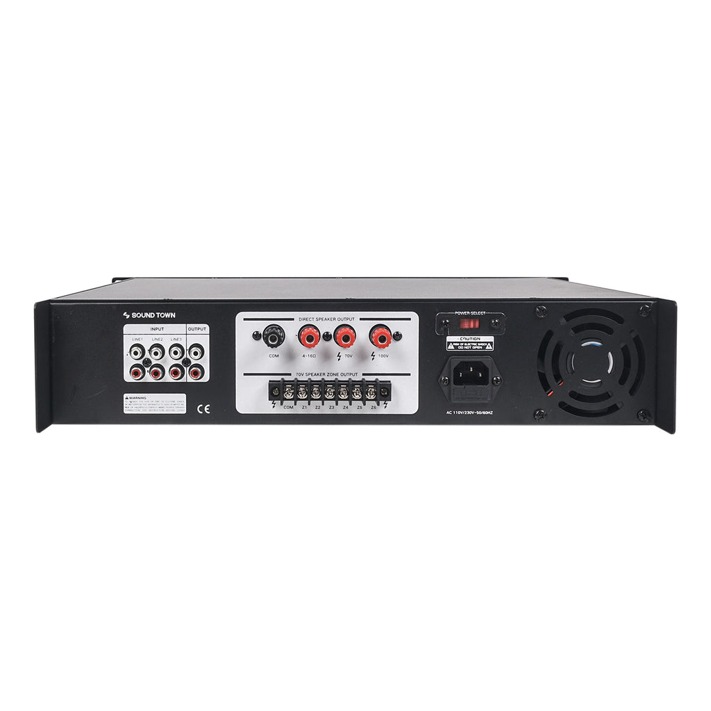 Sound Town PAC180X12CS8N 180W 6-Zone 70V/100V Commercial Audio Power Amplifier with Bluetooth, Aluminum, for Restaurants, Lounges, Bars, Pubs, Schools and Warehouses - Back Panel, Inputs & Outputs