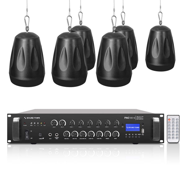 PAC180X6PD4B | Commercial Restaurant Power Amplifier Pendant Speaker Set,  w/ a 6-Zone 70V/100V Amplifier w/Bluetooth, Six 4“ Pendant Speakers, Black