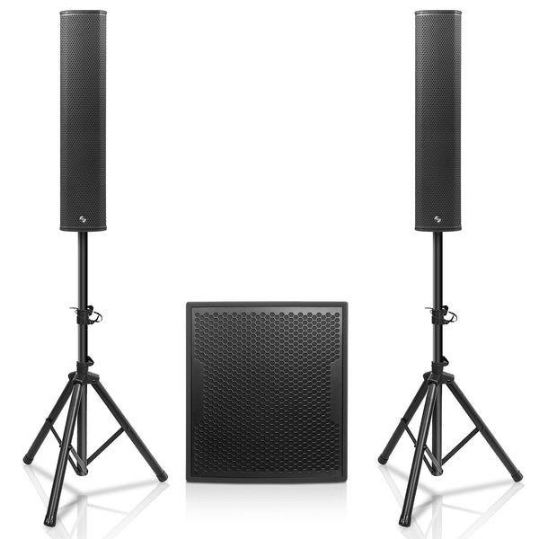 Sound Town PS-18SP6B2.1 | CARPO Series Powered 18-inch Subwoofer and Column Line Array Speaker Set, Birch Plywood, Black-Front 