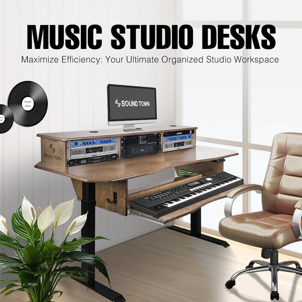 Sound Town SDRK-SD1CB | DIY Music Recording Studio Desk Workstation w/ Electric Adjustable Height, 3 x 4U Rack Space & Top Shelf, Sliding Piano Keyboard Tray, Carbonized Bamboo - Music Room Setup for Inspiration and Organization Ideas