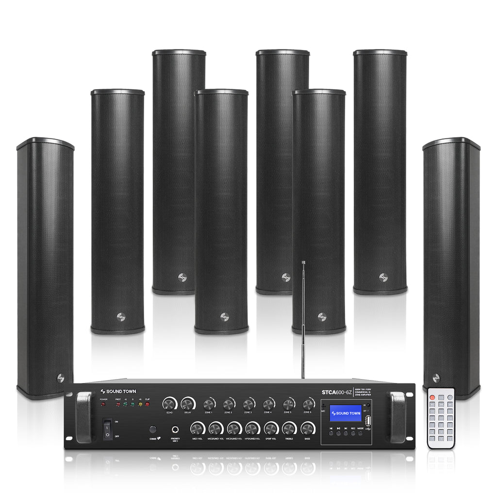 Sound Town STCA600X8CL45B | 6-Zone 70V/100V Commercial Restaurant Amplifier with Bluetooth, FM Antenna, and 8 x 4.5-Inch Column Speakers, Black