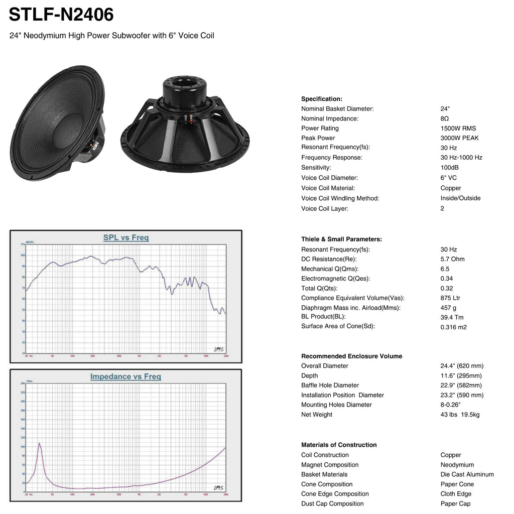 Sound Town STLF-N2406 | 24" Super High Power Neodymium Subwoofer (Low Frequency Driver), with 6-Inch Voice Coil, Replacement Woofer for PA/DJ Subwoofer Cabinet - Specification