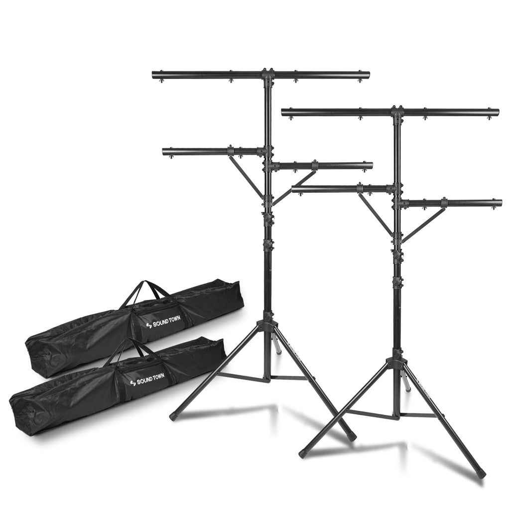 Sound Town STLS-M09-PAIR Stand, DJ w/ Side-bars Adjustable, 2-Pack | Lighting and Tripod – Base Height 9ft