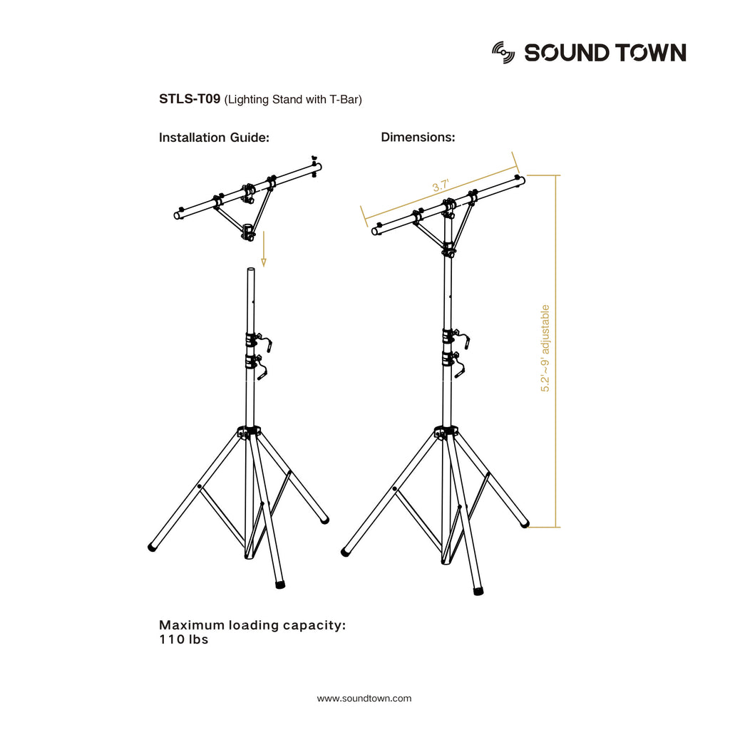 Sound Town STLS-T09-R | REFURBISHED: DJ Lighting Stand, Height Adjustable, 9 ft Tall, with T-Bar and Tripod Base - Installation Guide and Dimensions