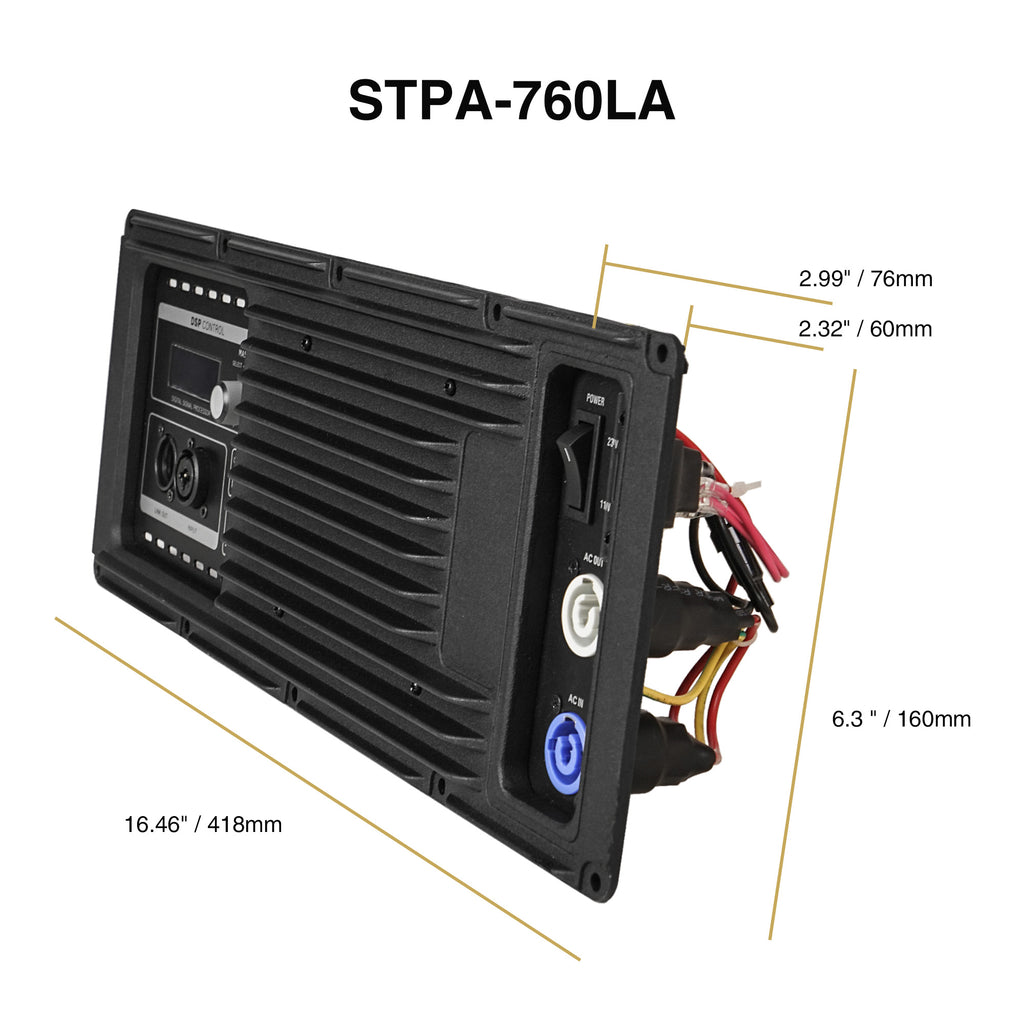 Sound Town STPA-760LA-R | REFURBISHED: Class-D Plate Amplifier 550W Continuous, with DSP, for PA DJ Speaker Cabinets and Loudspeaker - Size and Dimentions