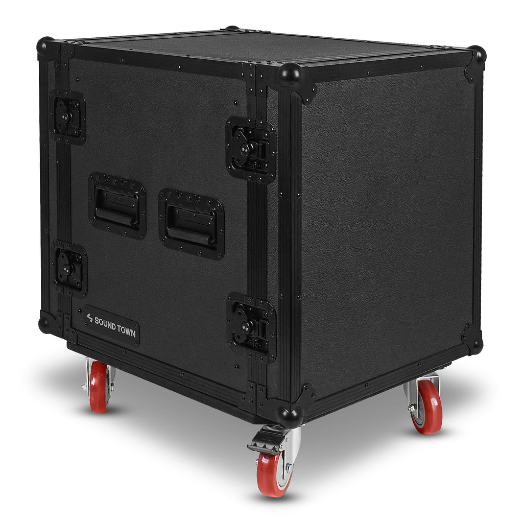 Sound Town STRC-B12UW | Black Series 12U PA/DJ Rack/Road Case with 12-Space, All-Black Anodized Hardware, Plywood, Casters, and 21” Rackable Depth. It is Equipped with Heavy-Duty Twist Latches and Rubber-Gripped Handles for Convenient Portability.