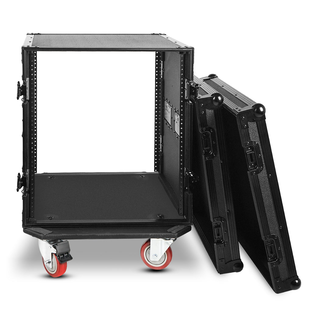 Sound Town STRC-B12UW | Black Series 12U PA/DJ Rack/Road Case with 12-Space, All-Black Anodized Hardware, Plywood, Casters, and 21” Rackable Depth - Removable Cover Lids