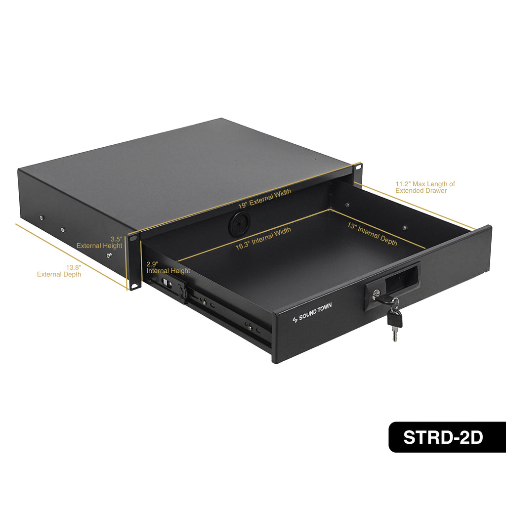 Sound Town STRD-2D-R 19-inch 2U Locking Rack Mount Sliding Drawer, with Protection Foam, Refurbished - Size and Dimensions