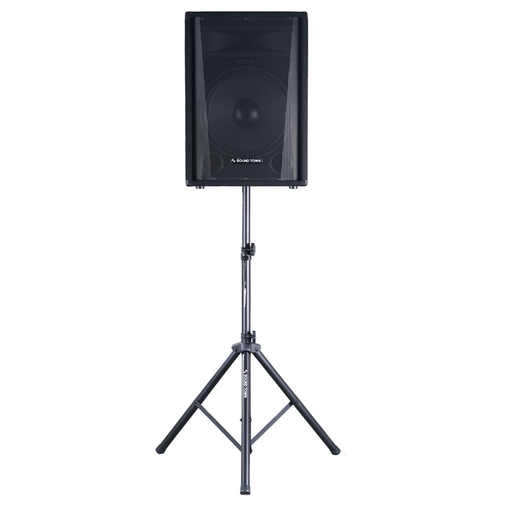 Sound Town STSD-71B-PAIR-R | REFURBISHED: 2-Pack Universal Tripod Speaker Stands w/ Adjustable Height, 35mm Compatible Insert, Locking Knob, Shaft Pin, Black, with speakers