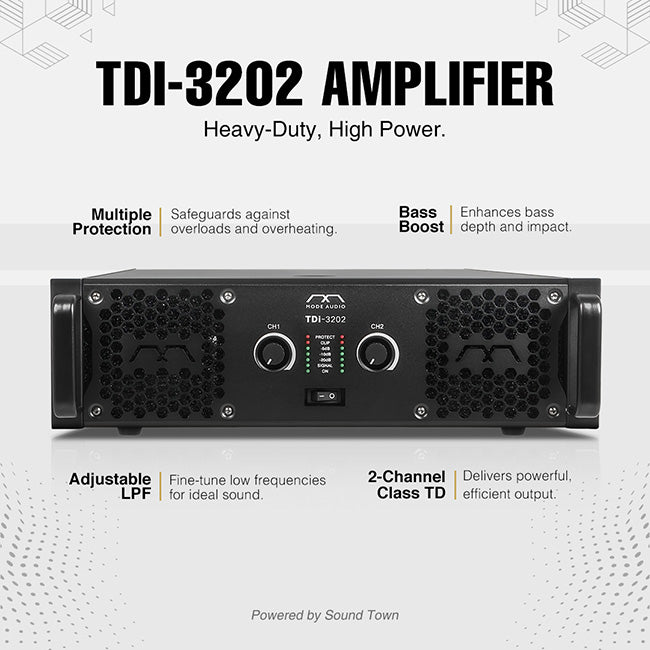 Sound Town TDi-3202 | MODE Audio High-Power Density Class-TD 2-Channel PA/DJ Power Amplifier, 2 x 3200W RMS at 4-ohm, with LPF, HPF, Bass Boost-Product Features
