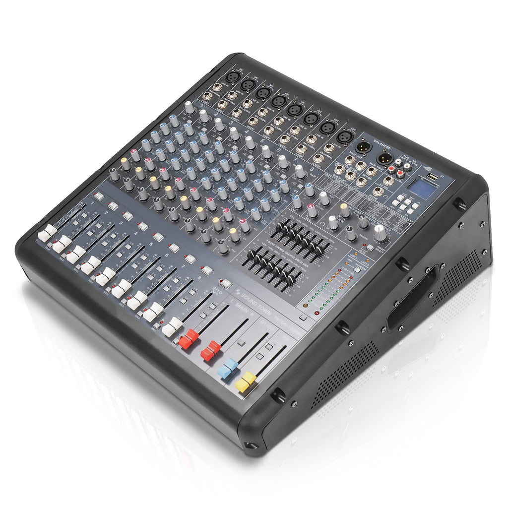 Sound Town TRITON-102PW | 10-Channel 2x800W Powered Mixer w/ 2 Bus, DSP effects, USB MP3, Dual 7-band EQ, Phantom Power-Left Side 