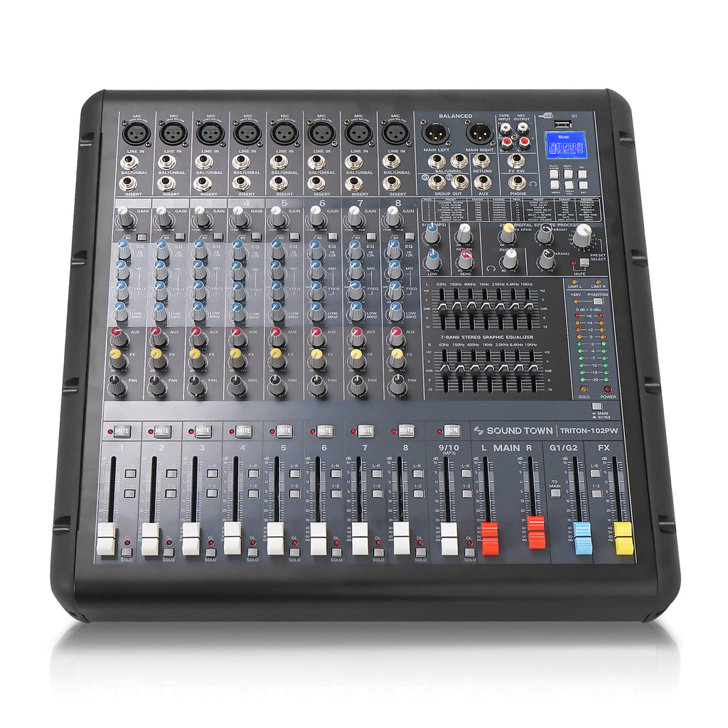 Sound Town TRITON-102PW | 10-Channel 2x800W Powered Mixer w/ 2 Bus, DSP effects, USB MP3, Dual 7-band EQ, Phantom Power-Front View