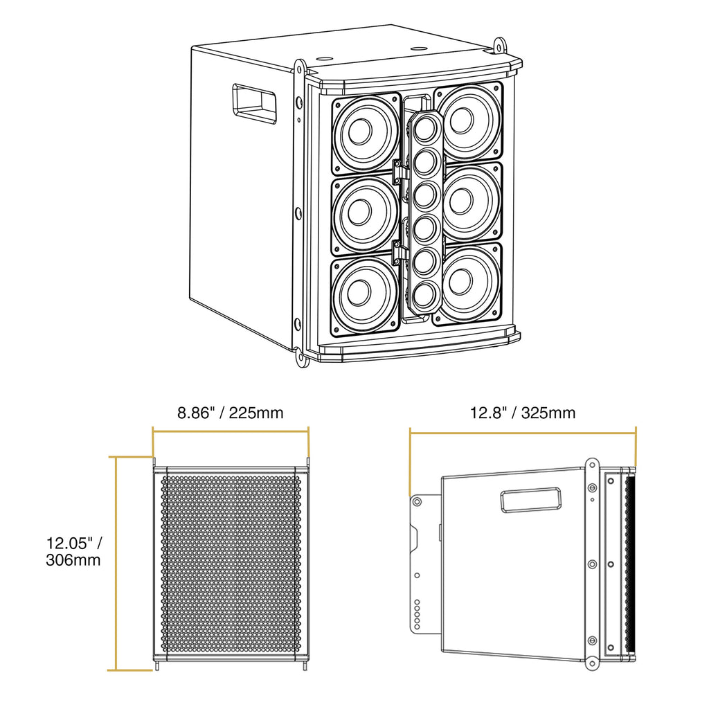 Sound Town ZETHUS-M3PW | ZETHUS Series Pair Ultra-Compact Powered Line Array PA Speakers, w/ Class-D amp, DSP, for Live Sound, Stage, Clubs, Churches and Schools - Size and Dimensions