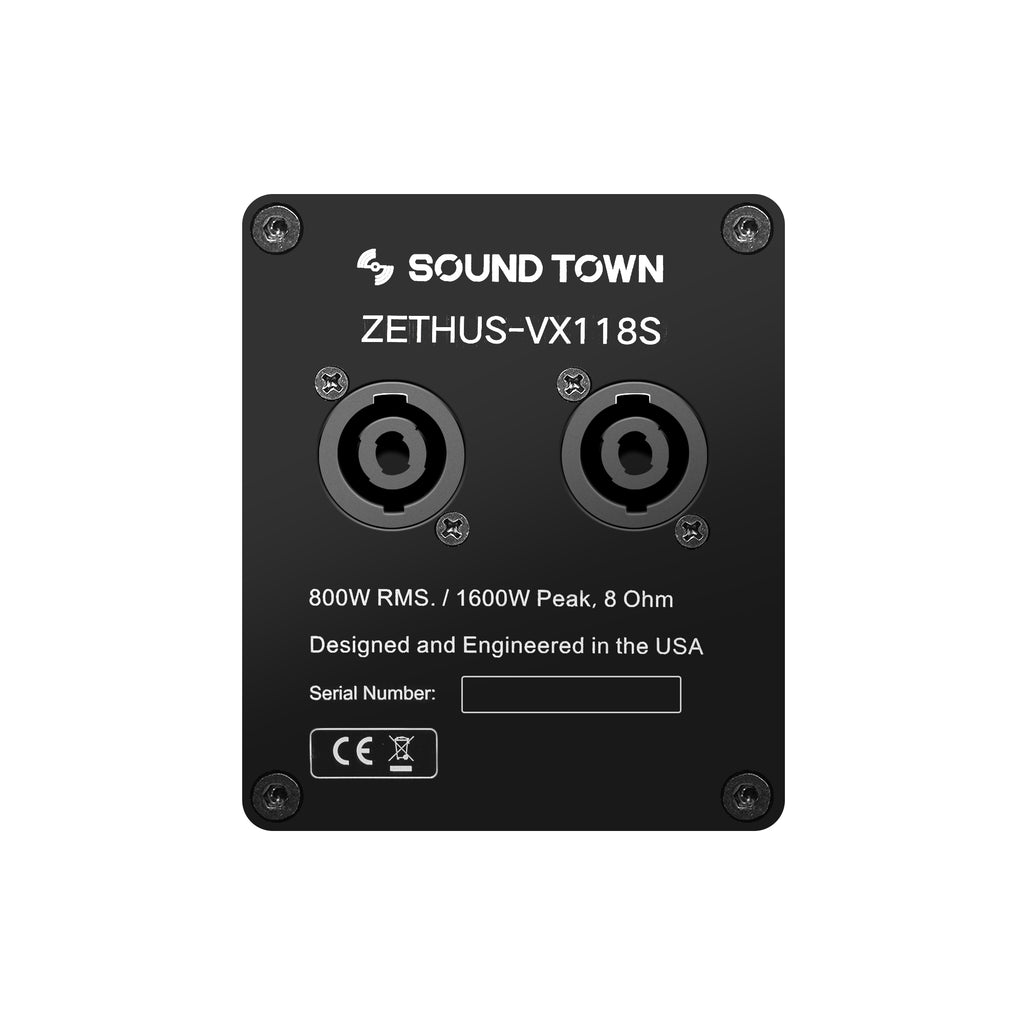 Sound Town ZETHUS-VX118S | ZETHUS Series 18” 1600W Line Array Subwoofer, Versatile Installations, Black - Jack Plate
