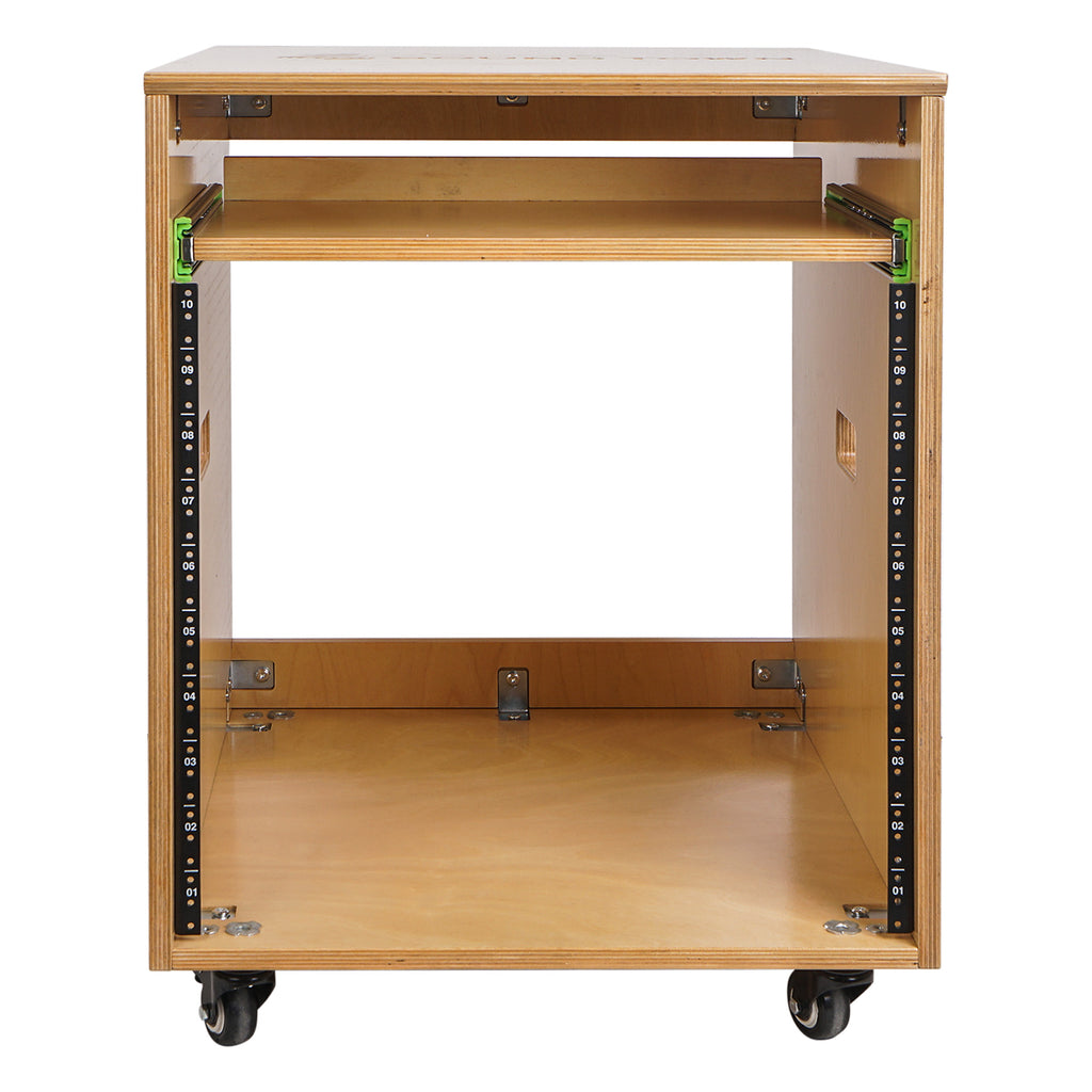 Sound Town SDRK-ST10 10U Space Plywood Studio Equipment Rack Desk w/ Slide-Out Tray, Rubber Feet, Casters, for Recording, Podcasts, Broadcasts, Streaming, Golden Oak - Mountable Devices