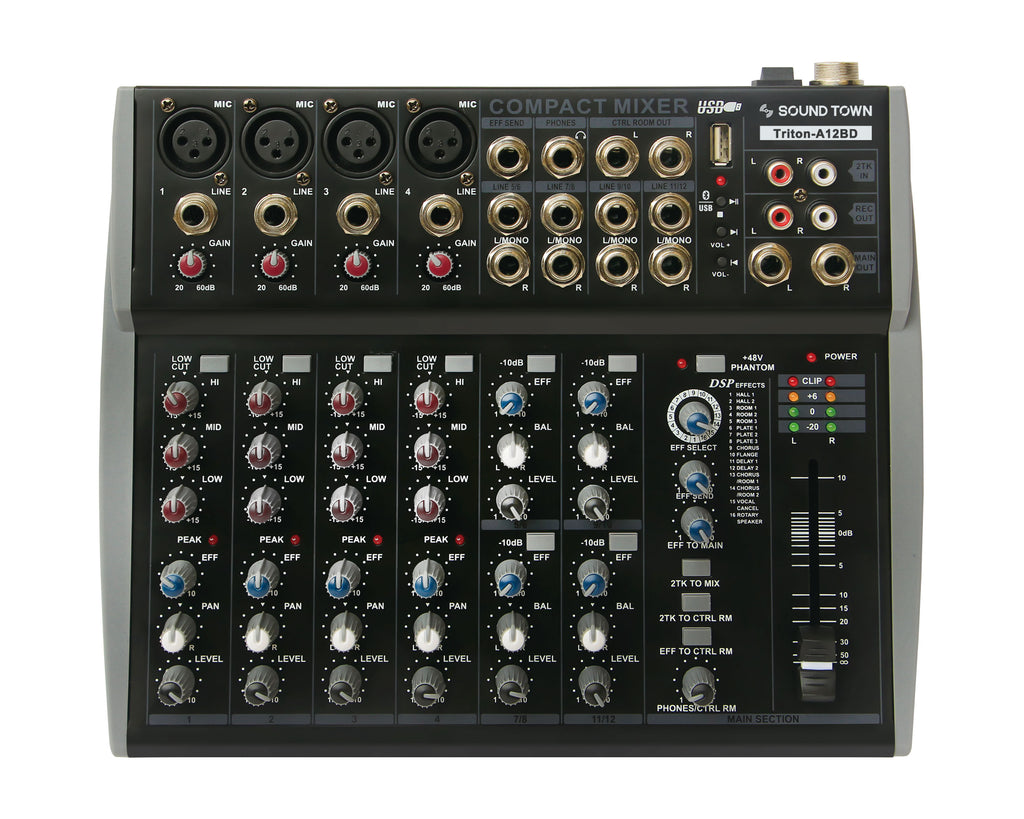 Sound Town Professional 12-Channel Audio Mixer with USB Interface, Bluetooth and DSP (TRITON-A12BD)