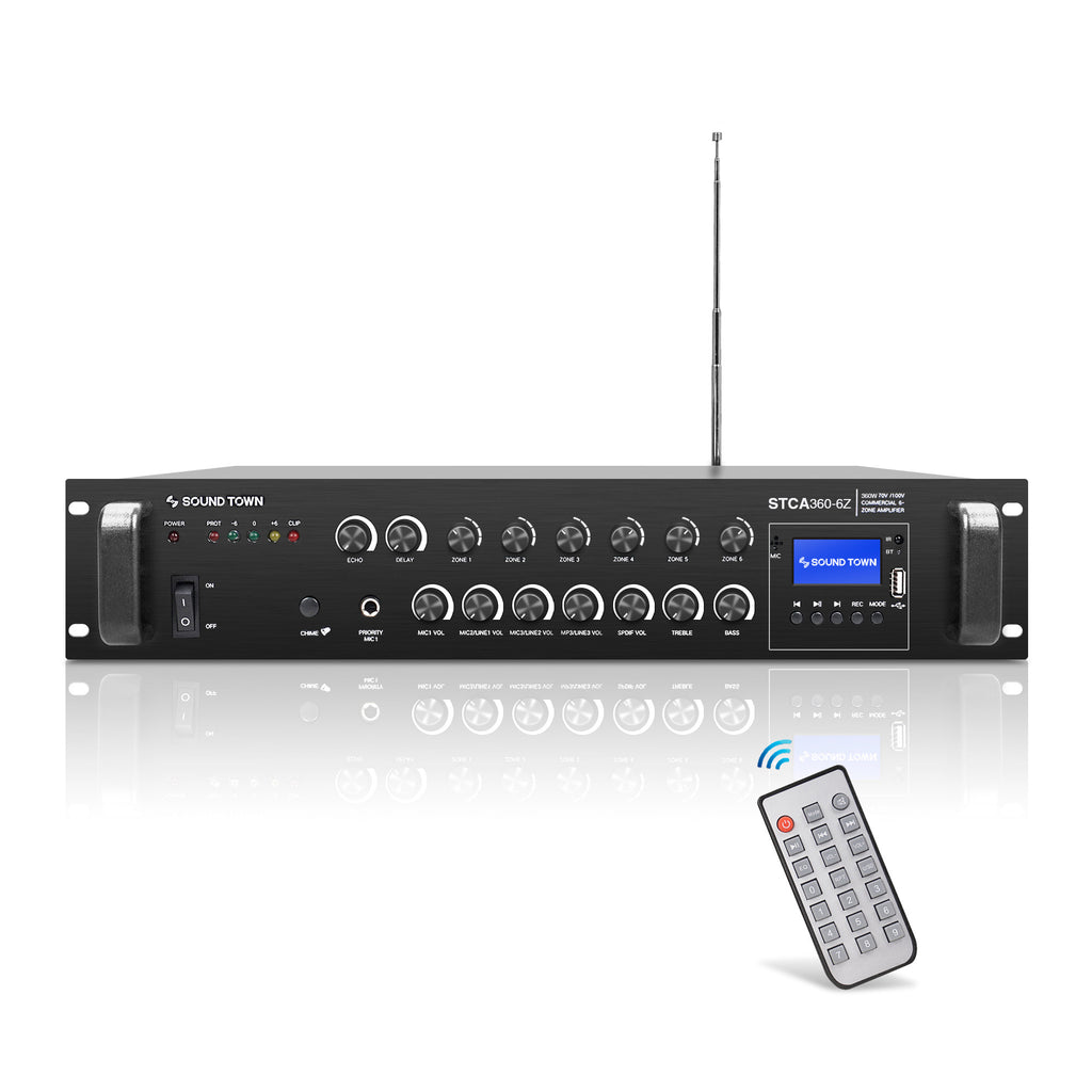 Sound Town STCA360-6Z 360W 6-Zone 70V/100V Commercial Power Amplifier with Bluetooth, Optical, Phantom Power, FM Antenna, for Restaurants, Lounges, Bars, Pubs, Schools - Wireless Remote