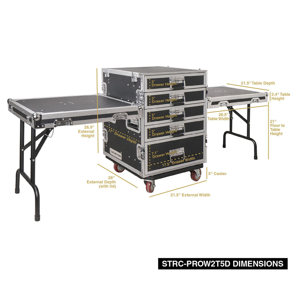 STRC-PROW2T5D | 5-Drawer Customizable Stage and Studio Utility Equipment  Workstation Storage Road Case with Two Tables - Pro Tour Grade
