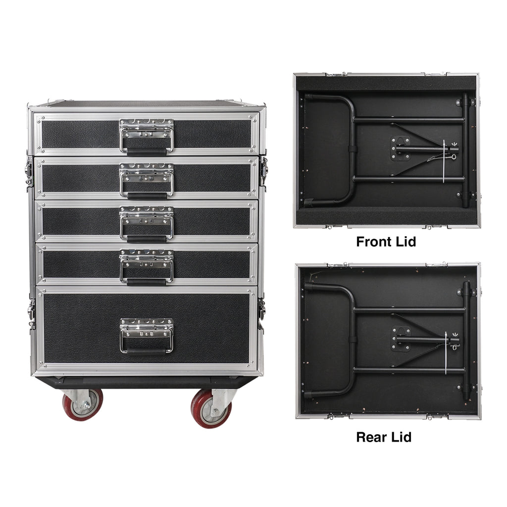 Sound Town STRC-PROW2T5D 5-Drawer Customizable Stage and Studio Utility Equipment Workstation Storage Road Case with Two Tables - Pro Tour Grade, Front & Rear Lids
