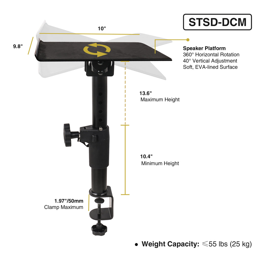 Sound Town STSD-DCM-PAIR 2-Pack Desktop Clamp-On Studio Monitor Speaker Stands with Horizontal/Vertical Speaker Orientation - Size and Dimensions, Weight Capacity, 360 Degrees Horizontal Rotation, 40 Degrees Vertical Adjustment, Soft EVA-lined Surface