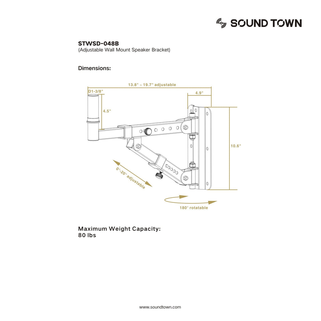 Sound Town STWSD-048B-R Pair of Adjustable Wall Mount Speaker Brackets with 180-degree Swivel, Refurbished - size and dimensions