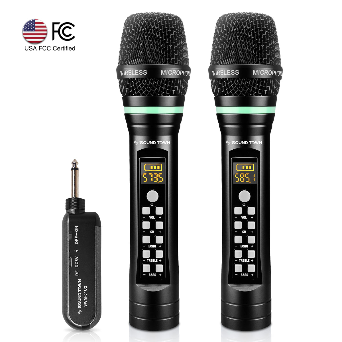 Sound Town 100-Channel UHF Rechargeable Wireless Handheld Microphone System with Built-In Effects, 1/4 inch Mini Portable Receiver for Karaoke, Events